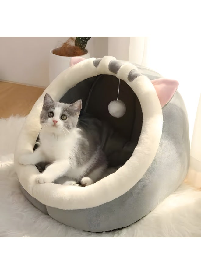 Luxury cat bed made of soft plush in a cozy cave shape, designed for indoor comfort, foldable and easy to store, equipped with a high-density removable and washable foam cushion, non-slip base for extra stability, wide entrance suitable for large and small cats and small dogs, a soft enclosed sleeping bed that provides complete comfort for your pet, fully washable indoor pet house, ideal for daily relaxation in bedrooms and living rooms. - Image 1