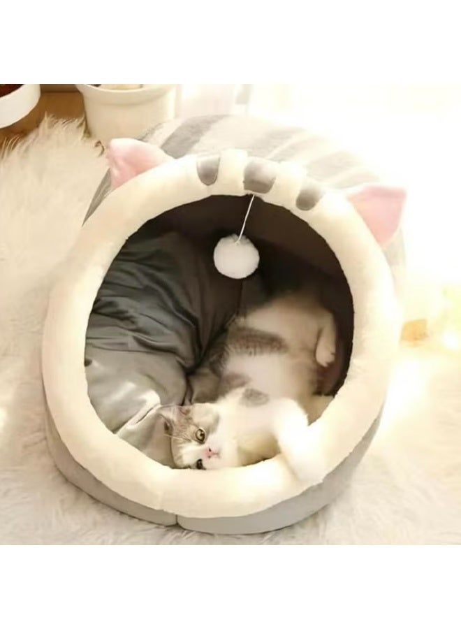 Luxury cat bed made of soft plush in a cozy cave shape, designed for indoor comfort, foldable and easy to store, equipped with a high-density removable and washable foam cushion, non-slip base for extra stability, wide entrance suitable for large and small cats and small dogs, a soft enclosed sleeping bed that provides complete comfort for your pet, fully washable indoor pet house, ideal for daily relaxation in bedrooms and living rooms. - Image 2