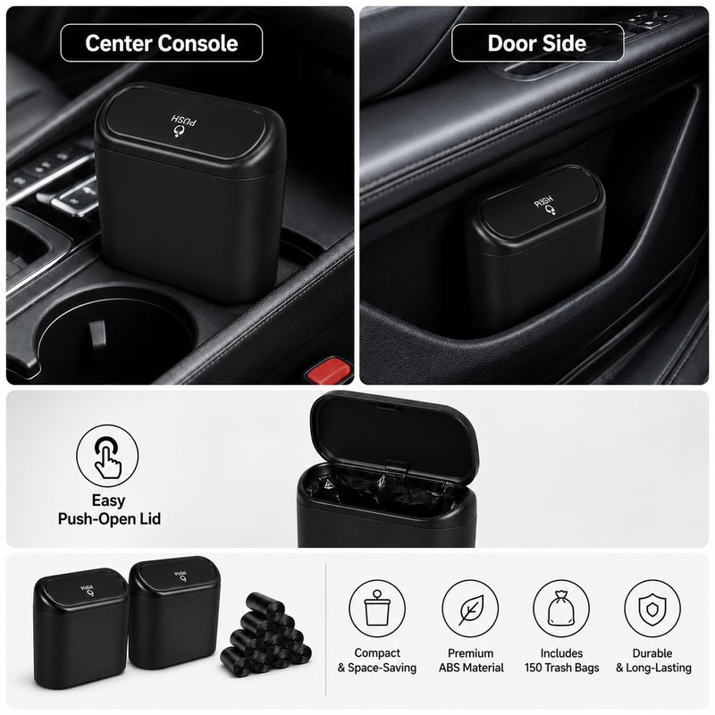 EnthuLove 2 Packs mini Car Trash Can Bin with Lid and 150pcs trash bags,Leakproof Car Vehicle Trash Can Bin,Car Garbage Trash Can Storage for Front Back Seat Accessories for Office Bedroom Home(Black) - Image 4