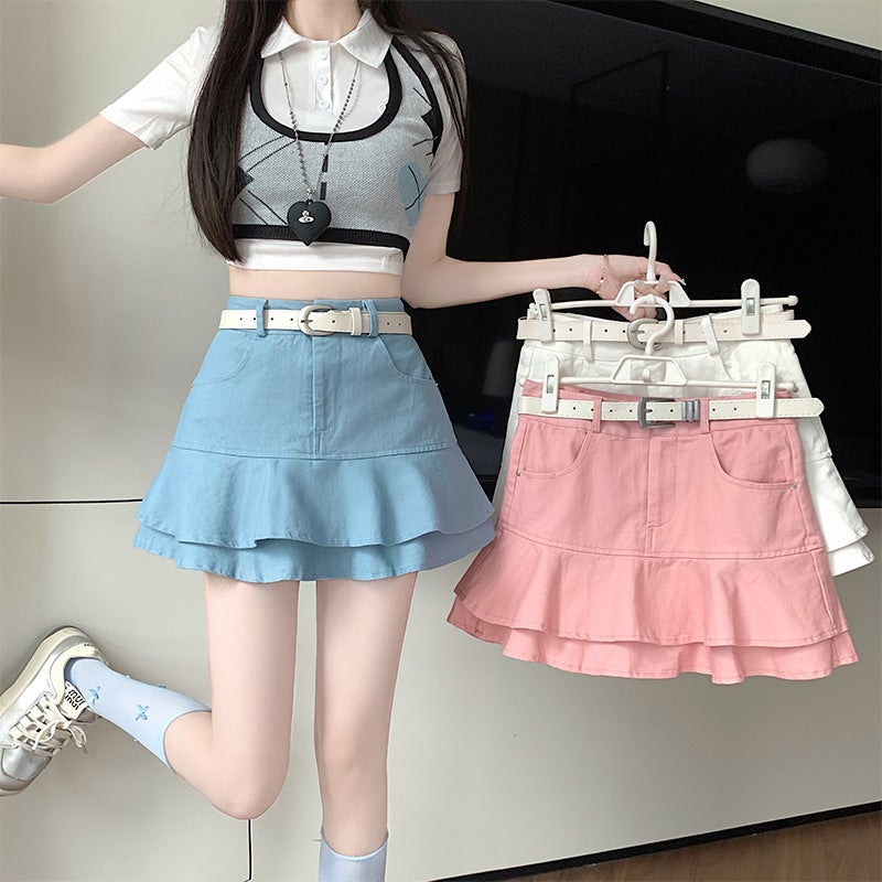 Real-Price Ruffled Denim Skirt For Women 2025 Summer Culottes For Small Sweet Girls Slimming Look Short Skirts And Culottes - Image 4