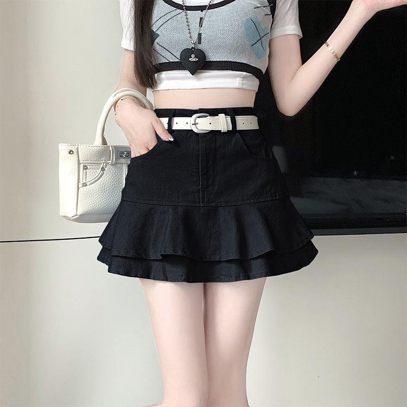 Real-Price Ruffled Denim Skirt For Women 2025 Summer Culottes For Small Sweet Girls Slimming Look Short Skirts And Culottes - Image 1