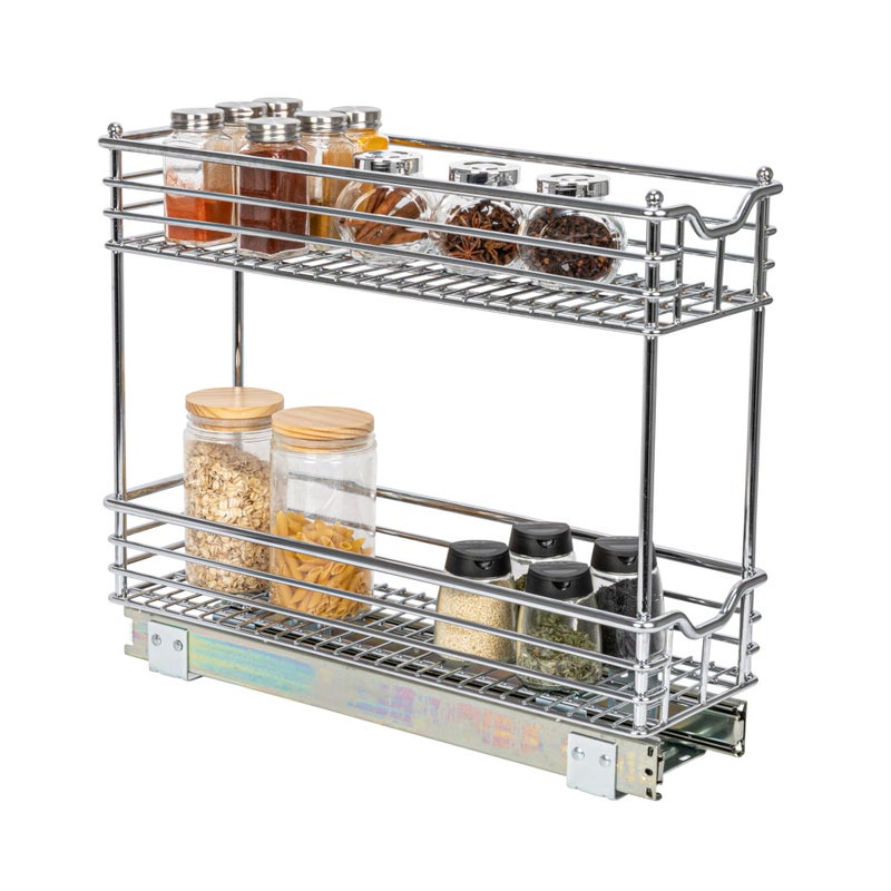 Household Essentials Household Essentials Narrow Sliding Cabinet Organizer Two Tier Chrome Organizer Chrome Great for Slim Cabinets in Kitchen Bathroom and More 