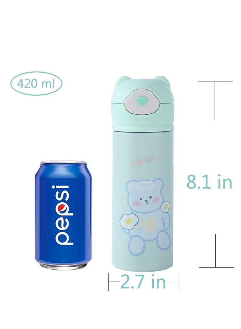 KASTWAVE Water Bottle With Straw Bear Thermoses for Kids, Thermal Insulated Cups for Hot and Cold Drinks, BPA Free Stainless Steel Leak-proof Flask for Boys and Girls School Indoor Outdoor Sports(15 oz Blue) - Image 3