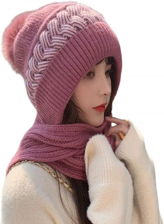 NIUE One-Piece Hat and Bib Cap, Ladies Hat, Female Korean Version Plus Velvet Warm Woolen Cap, Knitted Hooded Scarf with Ear Protection (Pack of 1) Purple - Image 1