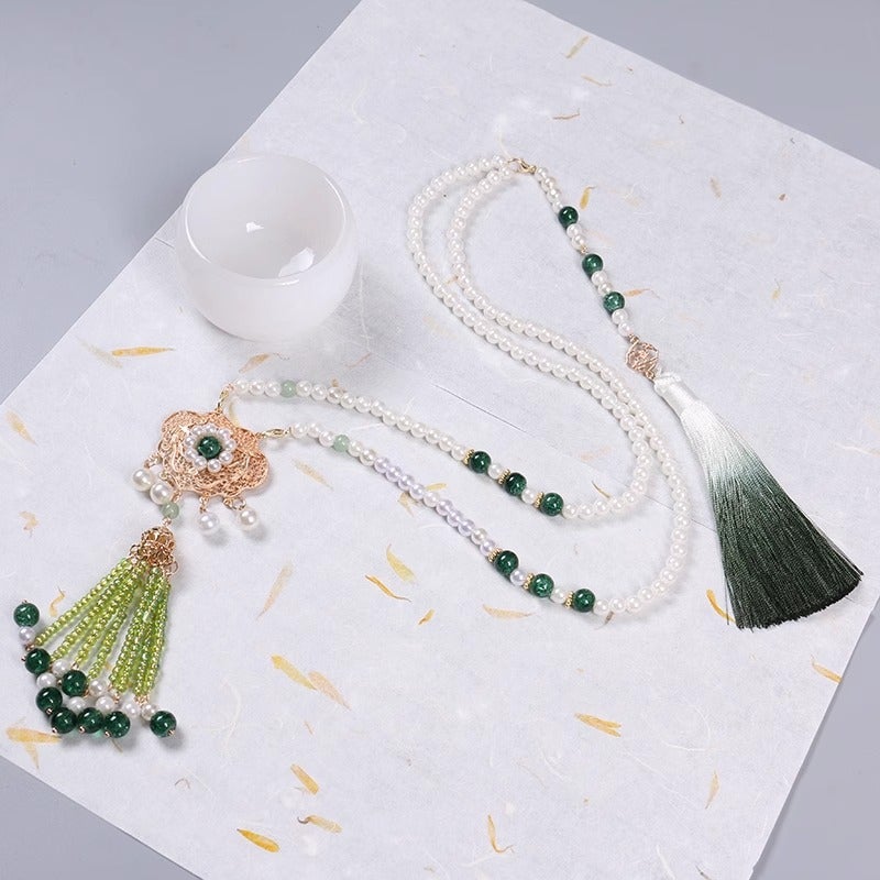 Generic Elegant Chinese Style Long Pearl Tassel Hanfu Dress Necklace for Kids Evergreen wreaths [necklace back cloud set]]