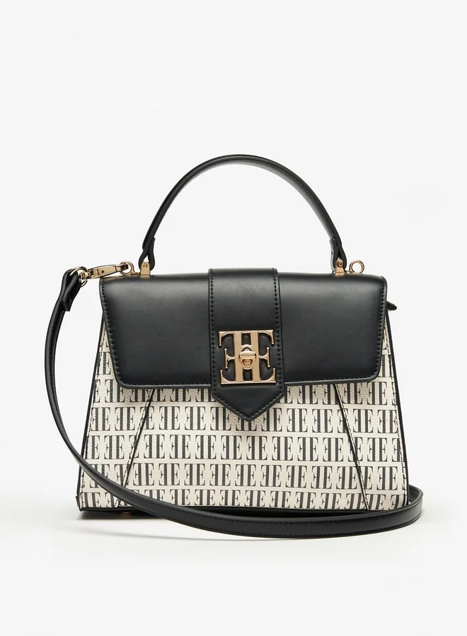 ايل Monogram Print Satchel Bag with Detachable Strap and Twist Lock Closure