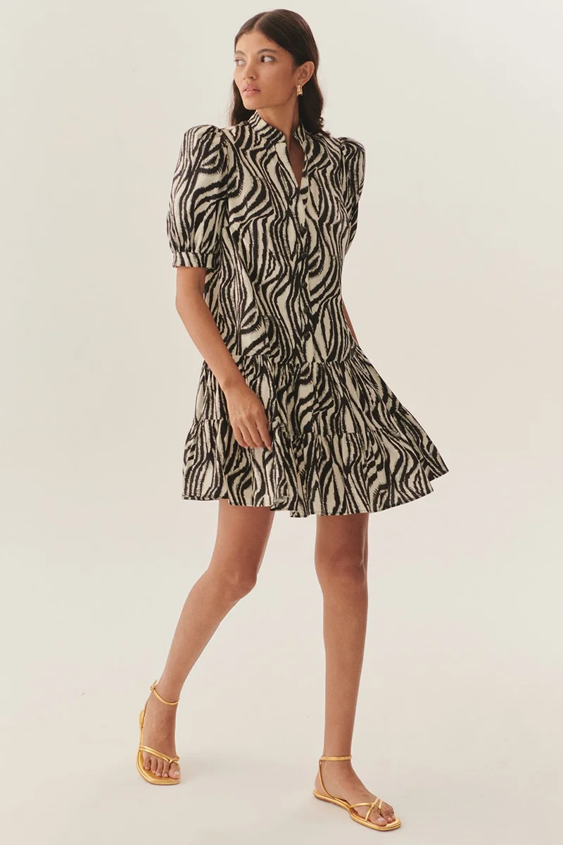 EXQUISE Zebra Pattern Pleated Short Sleeve Regular Cotton Mini Dress