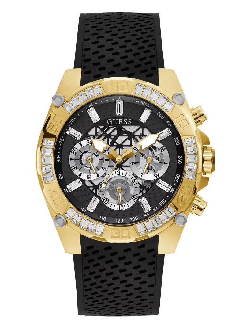 GUESS ساعة جيس ذهبية اللون من السيليكون باللون الأسود GW0333G2  - Image 1