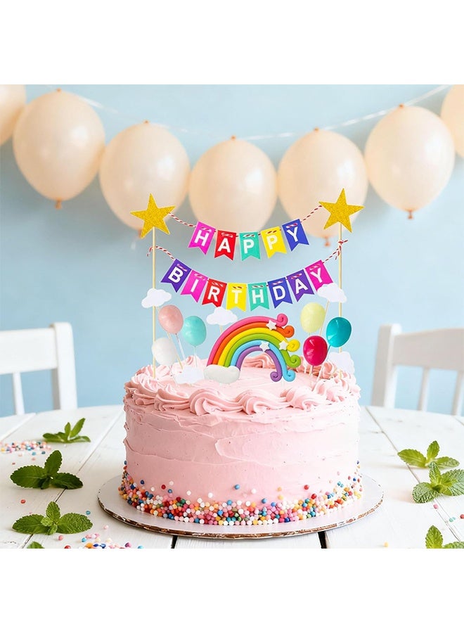 GIFT 22 Pcs Rainbow Cake Toppers, Happy Birthday Banner, Star, Cloud, Balloon Cake Decorations, Cake/Cupcake Topper for Boy Girl Birthday Baby Shower Party (Happy Birthday Banner) - Image 2