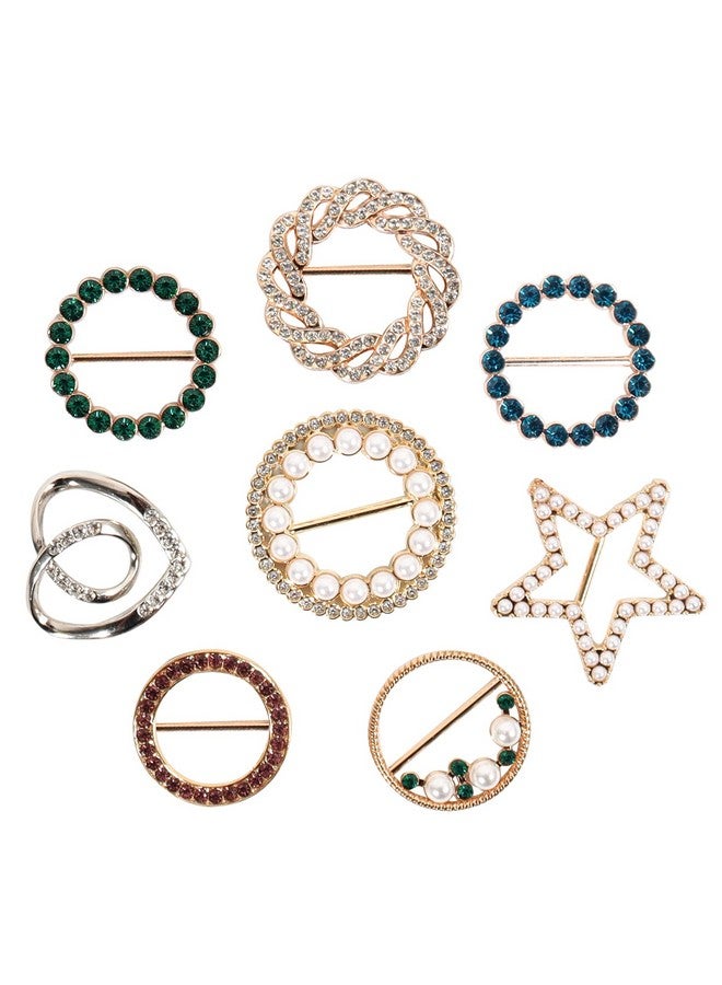 T-Shirt Clips 9 PCS, Clothes Corner Knotted Button, Fashion Alloy Pearl Rhinestone Circle Clip Buckle Round Shirt Silk Scarf Tie Clasp Ring Metal Decoratice Accessories for Women Girls (Type-1)