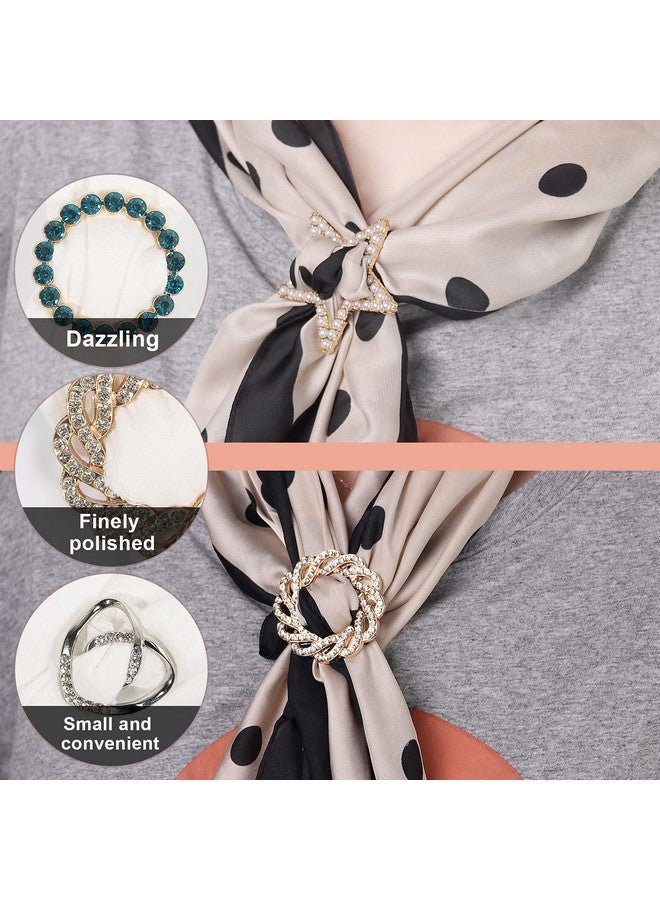 T-Shirt Clips 9 PCS, Clothes Corner Knotted Button, Fashion Alloy Pearl Rhinestone Circle Clip Buckle Round Shirt Silk Scarf Tie Clasp Ring Metal Decoratice Accessories for Women Girls (Type-1)