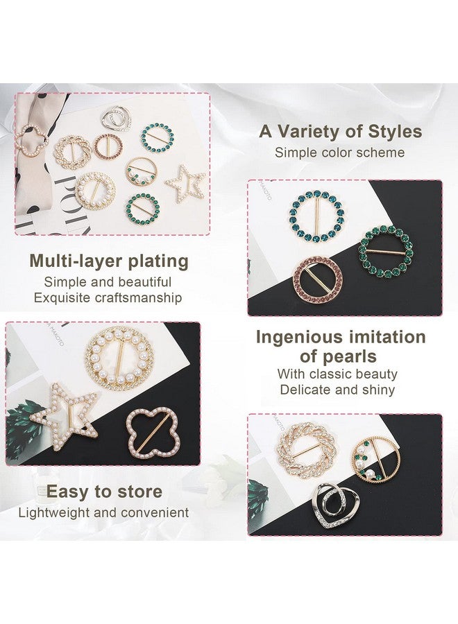 T-Shirt Clips 9 PCS, Clothes Corner Knotted Button, Fashion Alloy Pearl Rhinestone Circle Clip Buckle Round Shirt Silk Scarf Tie Clasp Ring Metal Decoratice Accessories for Women Girls (Type-1)