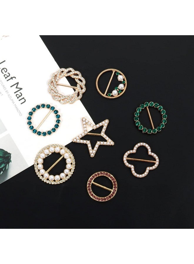 T-Shirt Clips 9 PCS, Clothes Corner Knotted Button, Fashion Alloy Pearl Rhinestone Circle Clip Buckle Round Shirt Silk Scarf Tie Clasp Ring Metal Decoratice Accessories for Women Girls (Type-1)