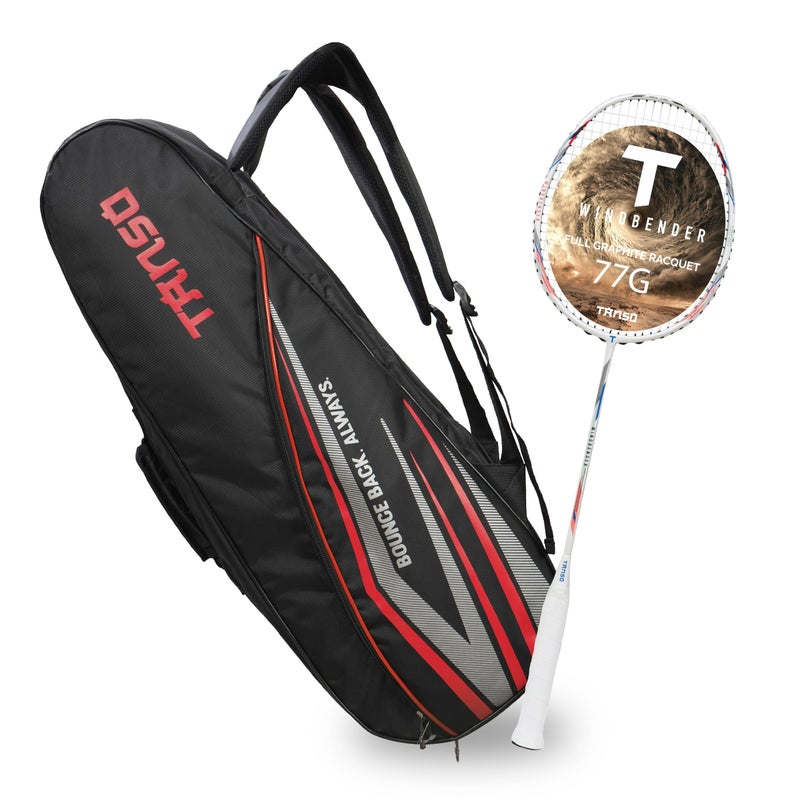 TANSO Windbender Full Graphite Ultra Light Weight Badminton Racquet with T-Blast Badminton Kit Bag (32 Lbs Tension, 680 mm Long, 77 Grams, Strung with Premium Strings) - Image 5
