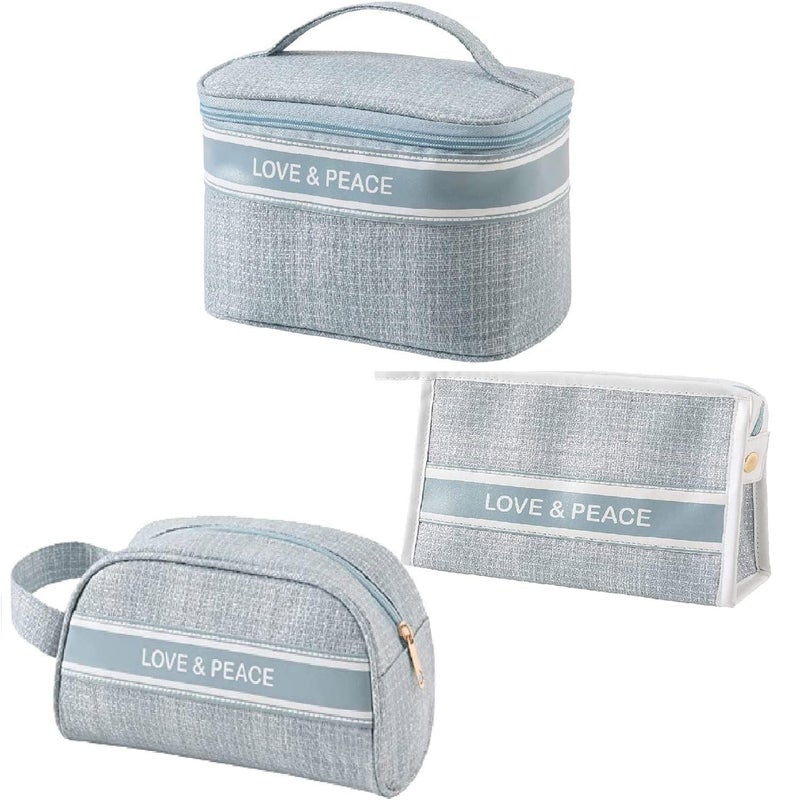 BIGXEN Makeup Travel Pouch Cosmetic Bag Travel kit Pouch for Toiletries Brushes and Cosmetics Set of 3 Love Peace Sky Blue - Image 1