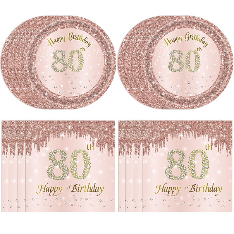 Juhap 80th Birthday Decorations, Rose Gold Birthday Party Supplies Include 20Pcs Plates 20Pcs Napkins Sweet Eighty Year Old Party Tableware for Girl Ladies Women - Image 1