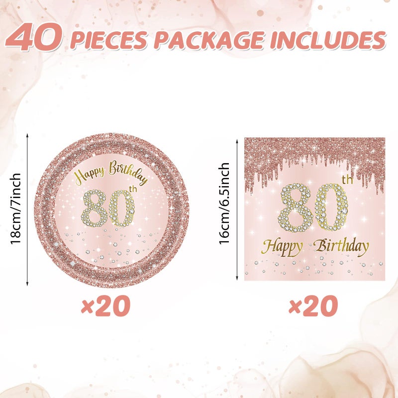 Juhap 80th Birthday Decorations, Rose Gold Birthday Party Supplies Include 20Pcs Plates 20Pcs Napkins Sweet Eighty Year Old Party Tableware for Girl Ladies Women - Image 2