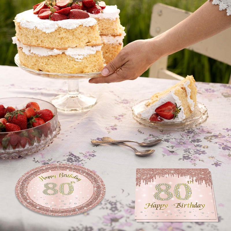 Juhap 80th Birthday Decorations, Rose Gold Birthday Party Supplies Include 20Pcs Plates 20Pcs Napkins Sweet Eighty Year Old Party Tableware for Girl Ladies Women - Image 5