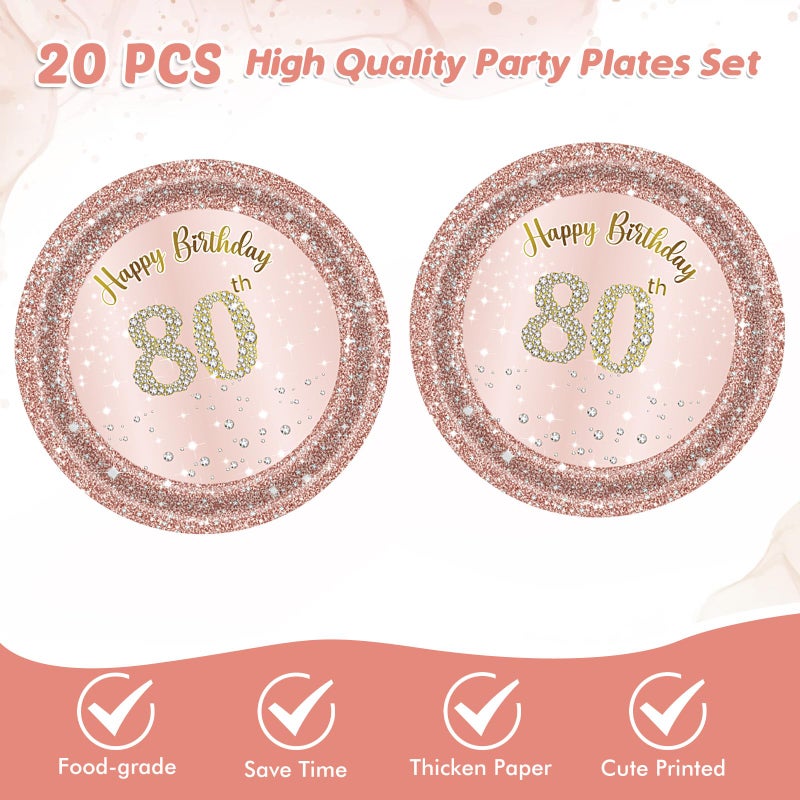 Juhap 80th Birthday Decorations, Rose Gold Birthday Party Supplies Include 20Pcs Plates 20Pcs Napkins Sweet Eighty Year Old Party Tableware for Girl Ladies Women - Image 3