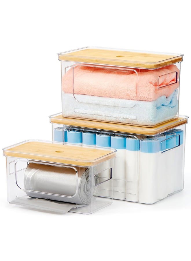 KitHero Trash Bag Holder 3-Pack,Trash Bag Dispenser with Bamboo Lid, Stackable Acrylic Garbage Bag Dispenser for Under Sink Use in Kitchen, Laundry Room, and Pantry, Large Capacity Garbage Bag Holder - Image 1