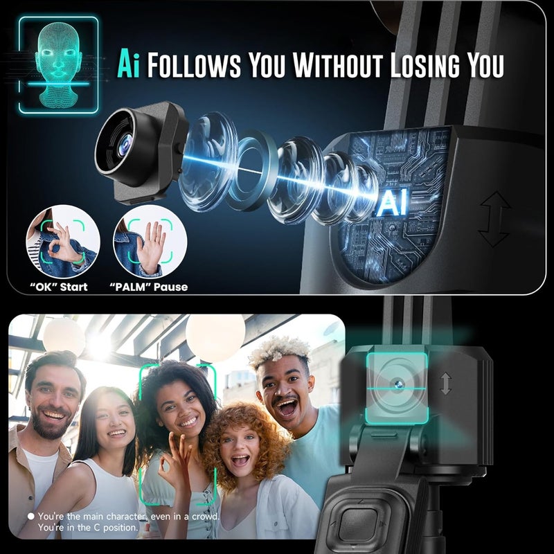 WeCool عصا سيلفي S8 المدعومة بالذكاء الاصطناعي للهواتف المحمولة، حامل ثلاثي القوائم بتتبع الوجه التلقائي مع دوران تلقائي 360°، طول 68 بوصة/173 سم من الألمنيوم مع استقرار رباعي الأرجل. - Image 4