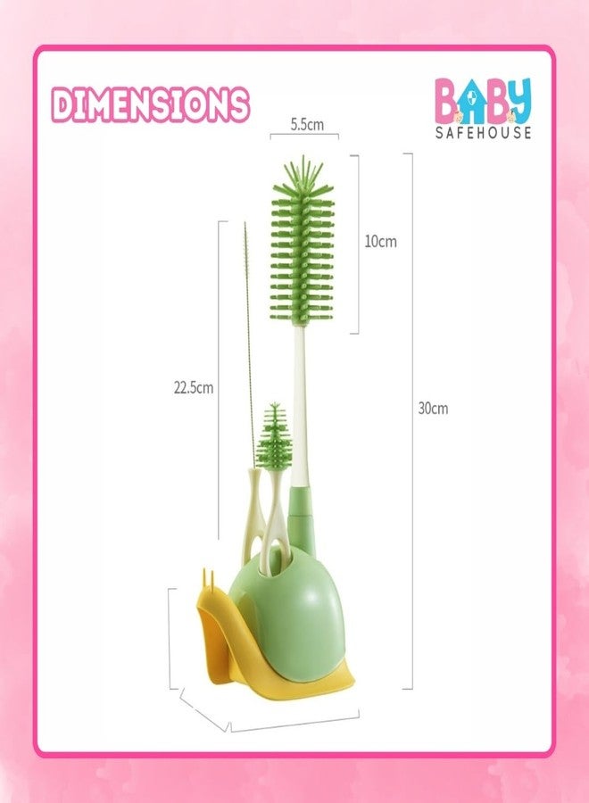 BabySafeHouse Silicon Bottle Cleaning Brush Set with Stand, Includes Feeding Bottle Cleaner, Nipple & Straw Cleaner- Set of 3 (Green Color) - Image 2