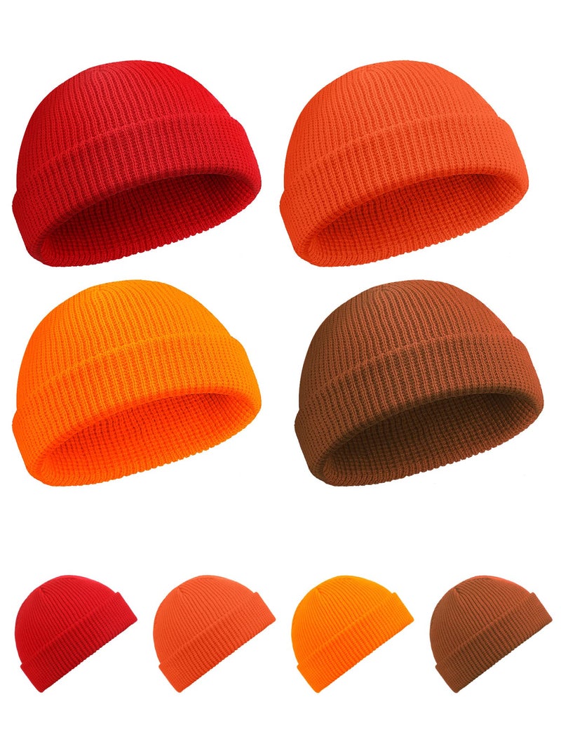 SATINIOR Winter Short Fisherman Beanie Hat Trawler Beanie Watch Hat Edge Skullcap for Men (Red, Caramel, Light Orange, Dark Orange, 4 Pieces) - Image 1