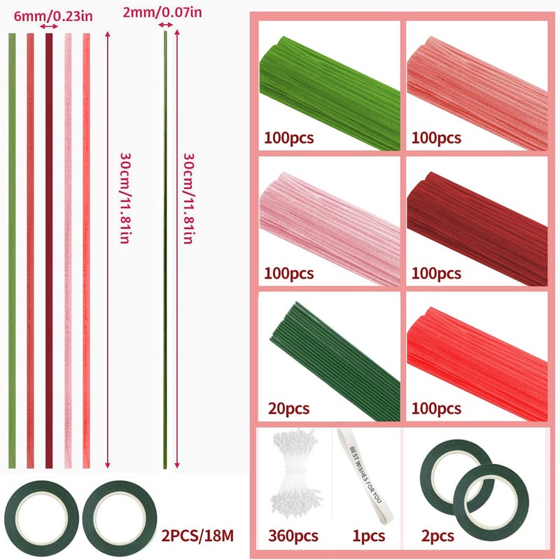 Anyangjia 500 Pcs Pipe Cleaners Craftï¼Œ5 Colors Pipe Cleaners Bulk,Chenille Stems Flowers Craft kit for DIY Handmade Bouquet Wrapping Party Decorations whit Ribbonsï¼ŒStems,Tapeï¼ŒStamens, Glue Sticks (Red) - Image 2