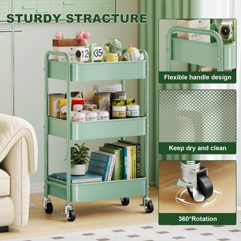 Aofure 3 Tier Rolling Storage Cart Metal with Wheels, Green Baby Diaper Caddy Carts, Three Tiered Craft Cart Organizer on Wheels, Utility Roller Trolley for Art, Book, Snack, Office, Laundry, Bathroom Shelf - Image 4