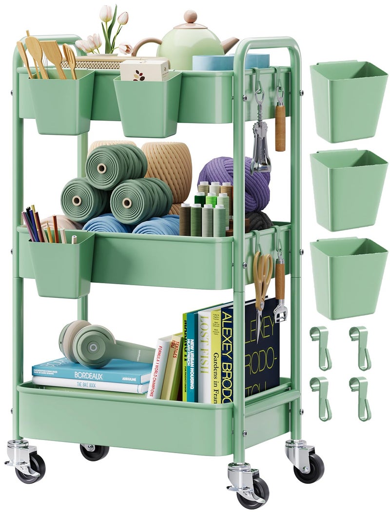 Aofure 3 Tier Rolling Storage Cart Metal with Wheels, Green Baby Diaper Caddy Carts, Three Tiered Craft Cart Organizer on Wheels, Utility Roller Trolley for Art, Book, Snack, Office, Laundry, Bathroom Shelf - Image 1