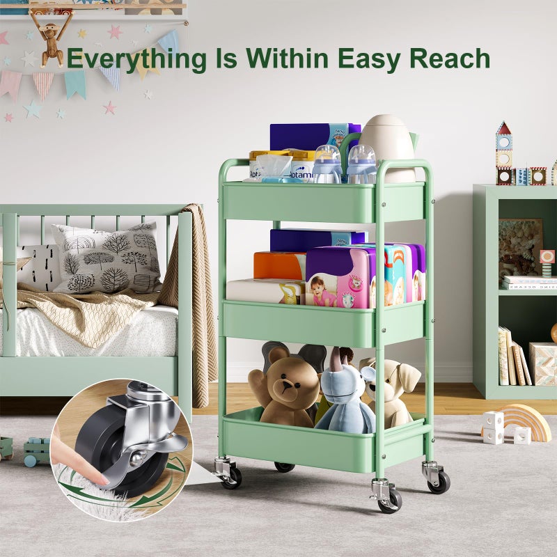Aofure 3 Tier Rolling Storage Cart Metal with Wheels, Green Baby Diaper Caddy Carts, Three Tiered Craft Cart Organizer on Wheels, Utility Roller Trolley for Art, Book, Snack, Office, Laundry, Bathroom Shelf - Image 3