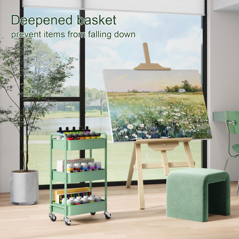 Aofure 3 Tier Rolling Storage Cart Metal with Wheels, Green Baby Diaper Caddy Carts, Three Tiered Craft Cart Organizer on Wheels, Utility Roller Trolley for Art, Book, Snack, Office, Laundry, Bathroom Shelf - Image 5