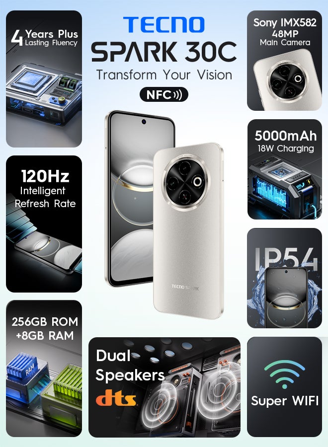 تكنو سبارك 30C ثنائي الشريحة تيتيوم ذهبي 4G 8GB+256GB - نسخة الشرق الأوسط - Image 2