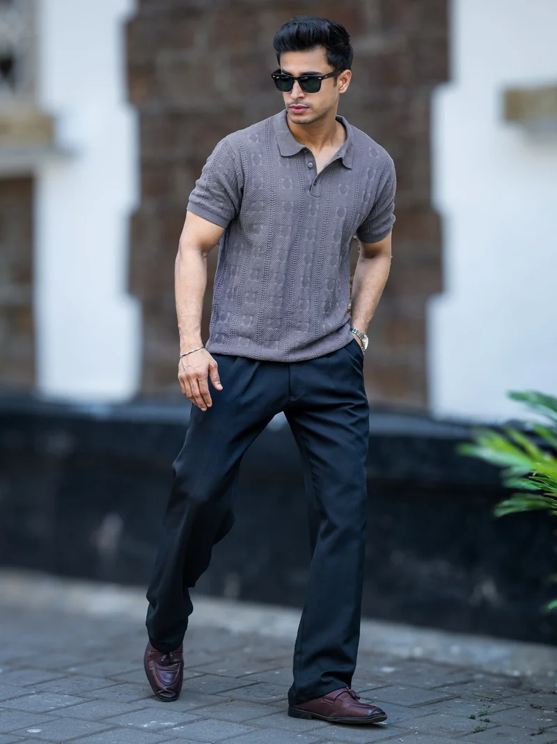 Maniac Maniac Mens Emerald Textured Grey Polo Neck Half Sleeve Cotton Tshirt