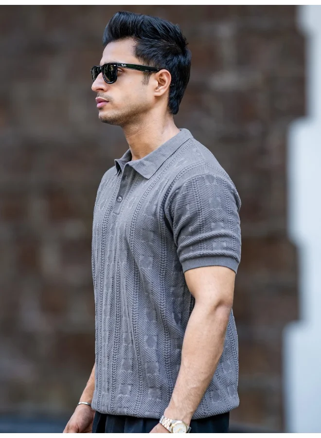 Maniac Maniac Mens Emerald Textured Grey Polo Neck Half Sleeve Cotton Tshirt