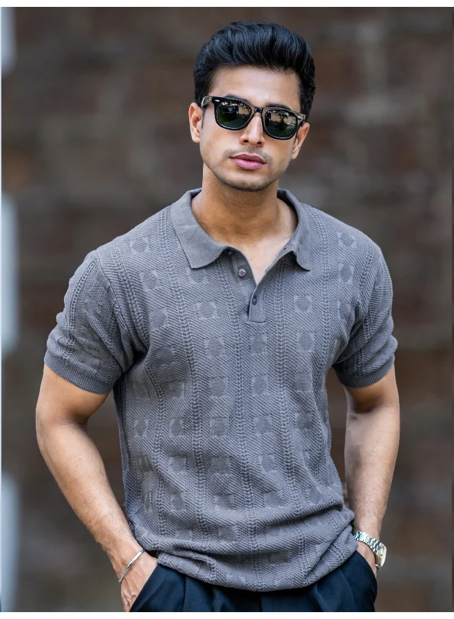 Maniac Maniac Mens Emerald Textured Grey Polo Neck Half Sleeve Cotton Tshirt