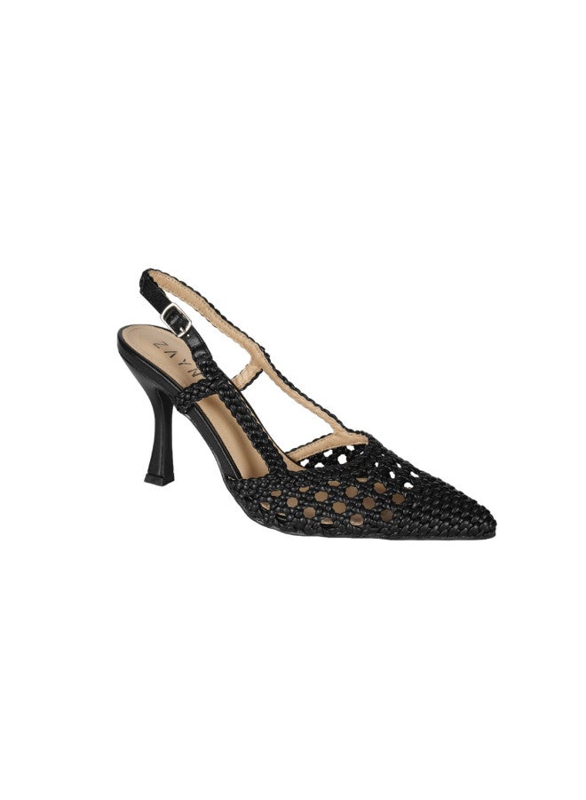 ZAYNA صنادل زينيا نسائية بكعب متوسط وحزام خلفي أسود - Image 1