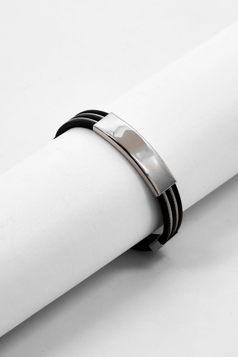 Steeltime Men Black Rubber Bracelet With Stainless Steel Wire Inlay, Black - Image 1