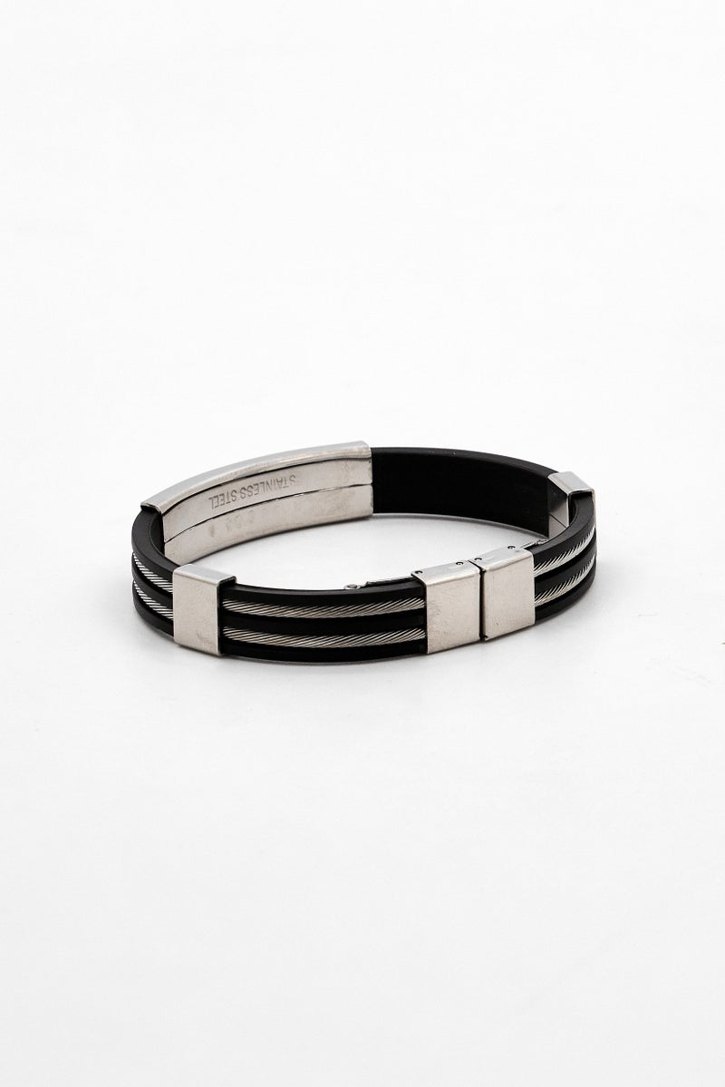 Steeltime Men Black Rubber Bracelet With Stainless Steel Wire Inlay, Black - Image 3