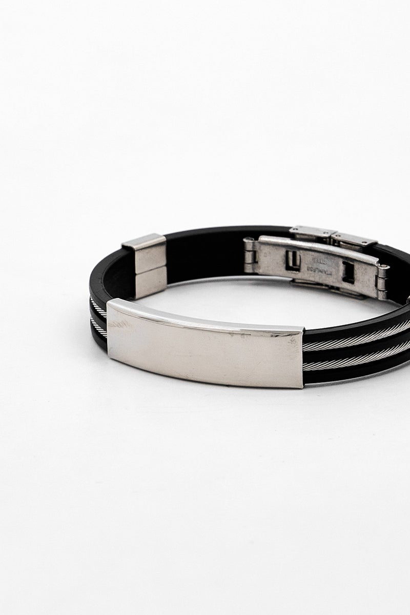 Steeltime Men Black Rubber Bracelet With Stainless Steel Wire Inlay, Black - Image 2