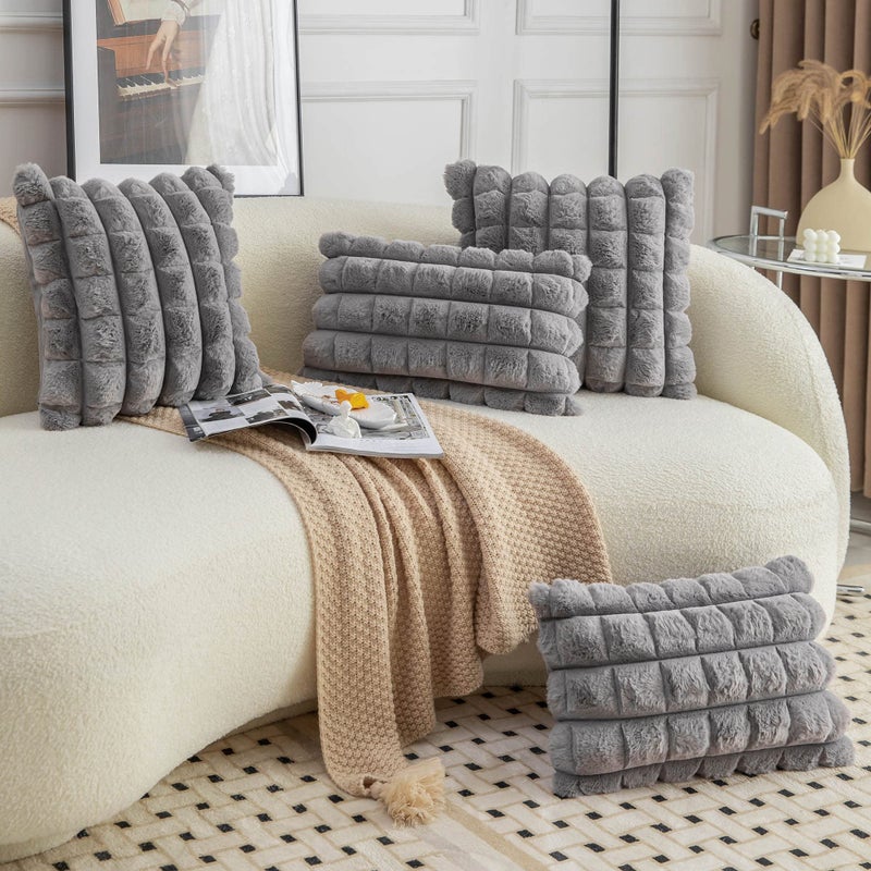 Neelvin Grey Faux Fur Cozy Soft Plaid Decorative Throw Pillow Covers 18x18 inch Set of 2,Velvet Pillowcase Cushion Case for Sofa Couch - Image 4