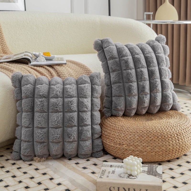 Neelvin Grey Faux Fur Cozy Soft Plaid Decorative Throw Pillow Covers 18x18 inch Set of 2,Velvet Pillowcase Cushion Case for Sofa Couch - Image 3