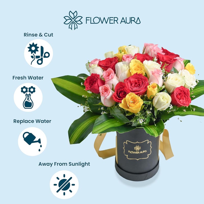 FlowerAura Fresh Live Flower Bouquet of 30 Mix Roses Flowers In Black Box For Birthday Gift Anniversary Gift Wedding Gift Congratulations Gift Gift For Special Occasions Same Day Delivery - Image 4