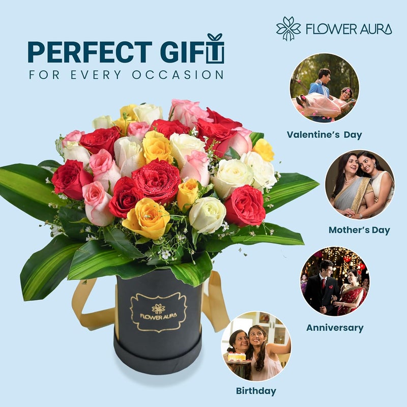 FlowerAura Fresh Live Flower Bouquet of 30 Mix Roses Flowers In Black Box For Birthday Gift Anniversary Gift Wedding Gift Congratulations Gift Gift For Special Occasions Same Day Delivery - Image 3