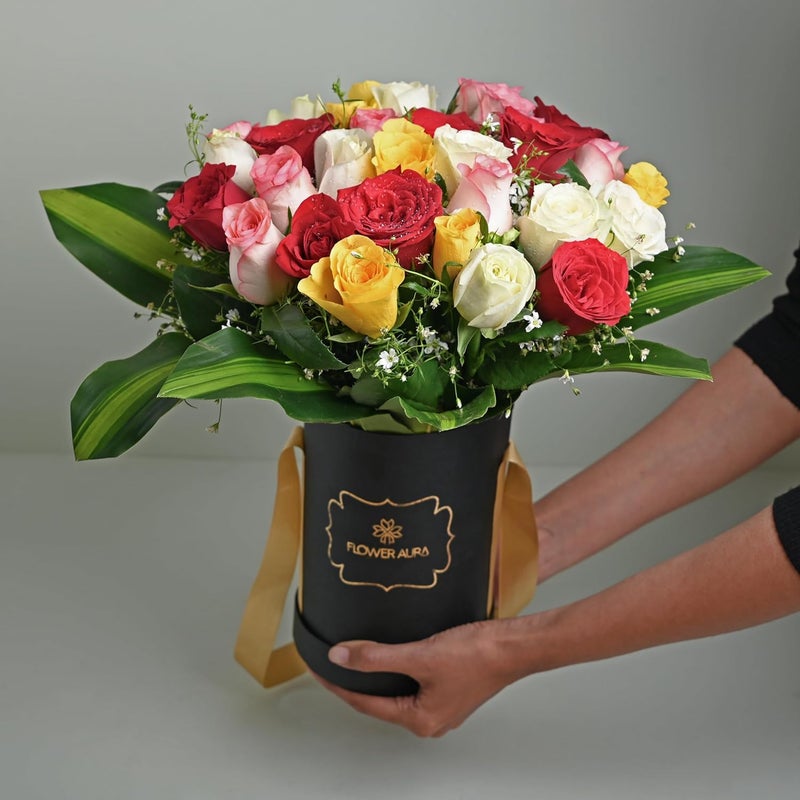 FlowerAura Fresh Live Flower Bouquet of 30 Mix Roses Flowers In Black Box For Birthday Gift Anniversary Gift Wedding Gift Congratulations Gift Gift For Special Occasions Same Day Delivery - Image 1