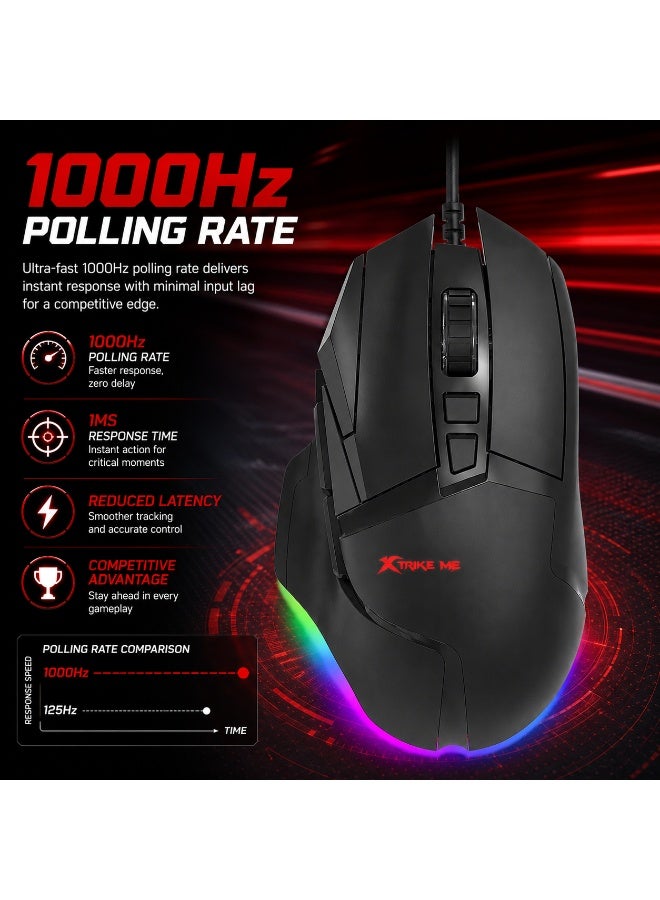 XTRIKE ME GM502 RGB Gaming Mouse 12800 DPI Optical Sensor with 1000Hz Polling Rate & Software - Image 3