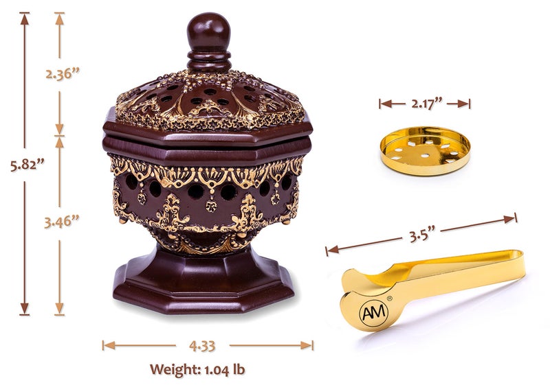 AM Lux Octagon Incense Burner â€“ Bakhoor & Cone Holder | Charcoal Resin Burner for Frankincense, Myrrh & Aromatherapy | Decorative Mabkhara for Home, Office & Meditation Room Decor | Gift Box (Brown) - Image 3