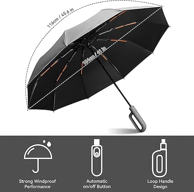 PRANIJ 3-Fold Compact Travel Golf Umbrella with Carabiner Handle | Auto Open-Close 10 Dual Rib Windproof Design | UV Protection Portable Umbrella for Rain/Sun for Car, Travel, Outdoor - Image 3