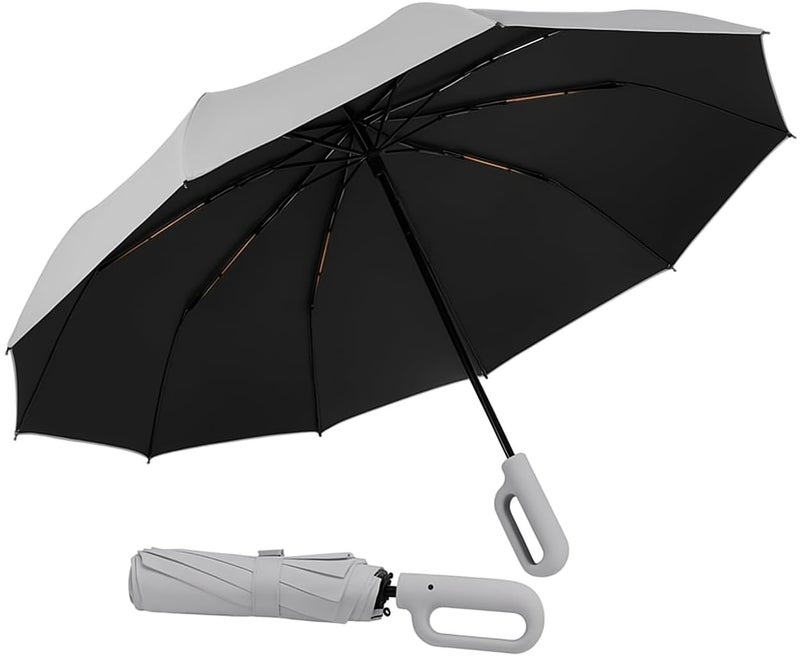 PRANIJ 3-Fold Compact Travel Golf Umbrella with Carabiner Handle | Auto Open-Close 10 Dual Rib Windproof Design | UV Protection Portable Umbrella for Rain/Sun for Car, Travel, Outdoor - Image 1