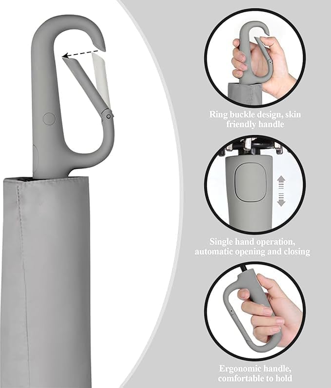 PRANIJ 3-Fold Compact Travel Golf Umbrella with Carabiner Handle | Auto Open-Close 10 Dual Rib Windproof Design | UV Protection Portable Umbrella for Rain/Sun for Car, Travel, Outdoor - Image 4